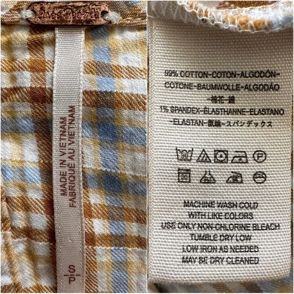 Free People Top Button Back Puff Sleeve Plaid Tan Blue S